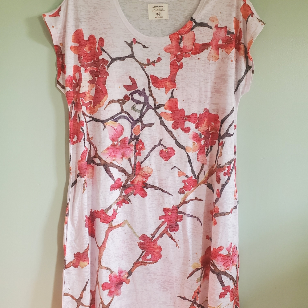 White Floral Shift Dress with Pink Red Blossom Print